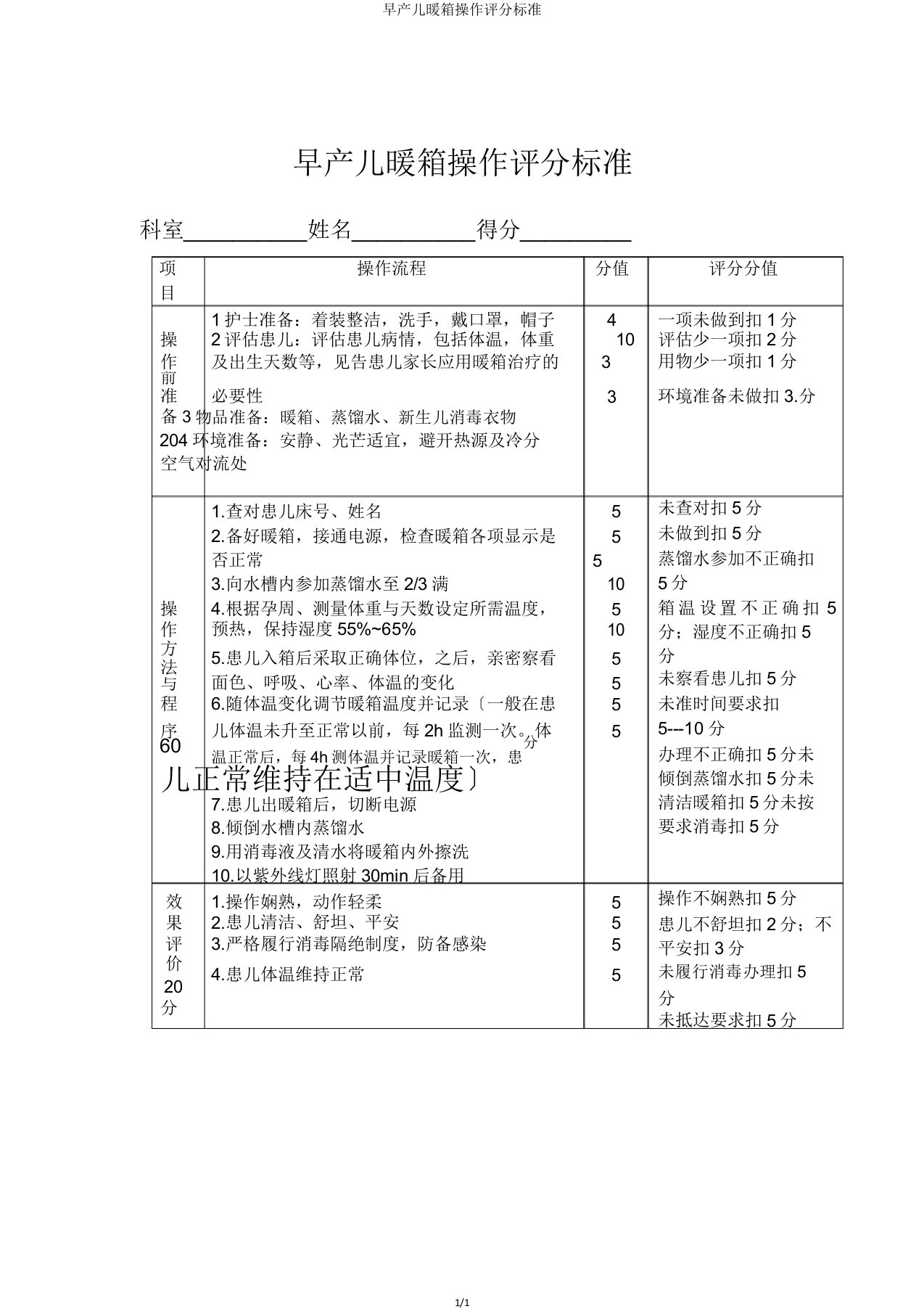 早产儿暖箱操作评分标准