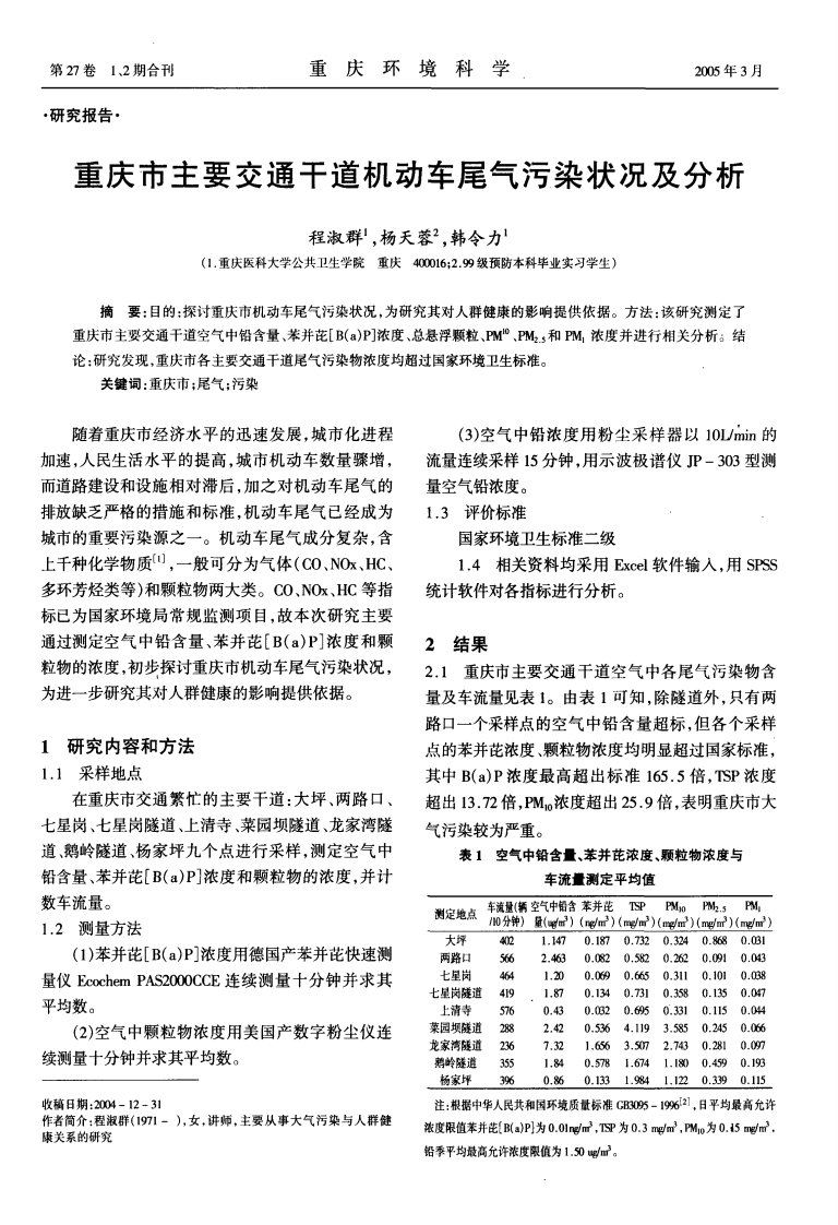 重庆市主要交通干道机动车尾气污染状况及分析