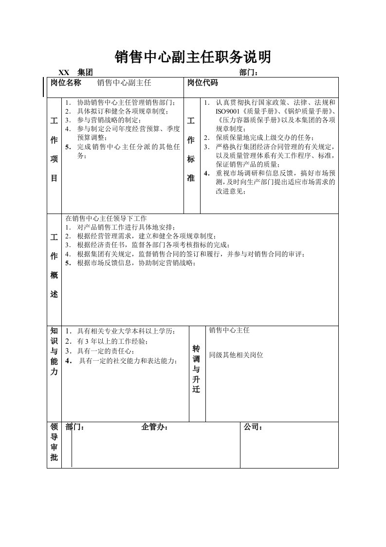 岗位职责-销售中心副主任职务说明