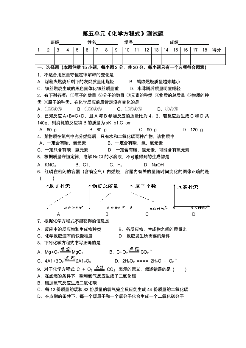 质量守恒定律测试题