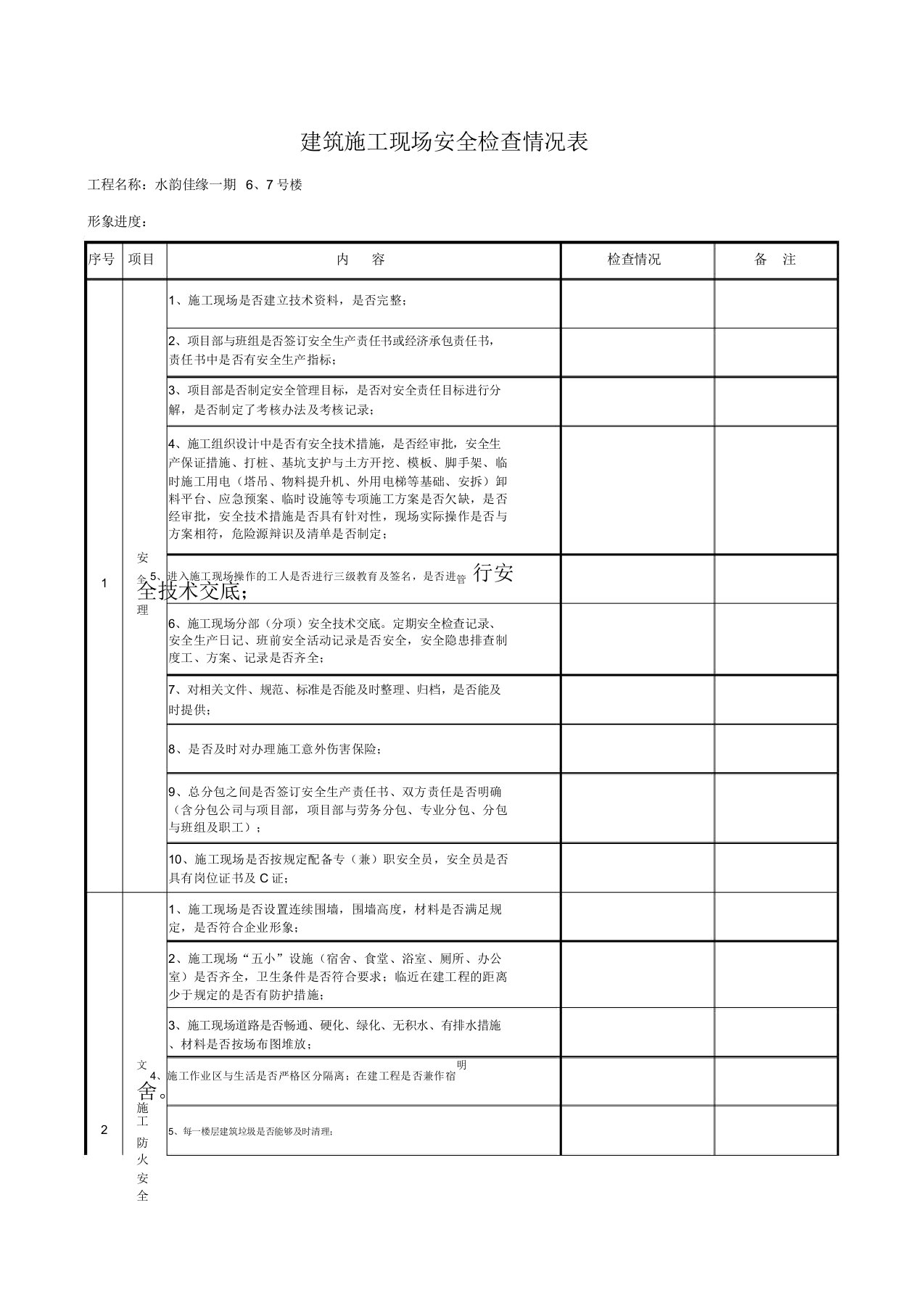 建筑施工现场安全检查情况表Excel工作表