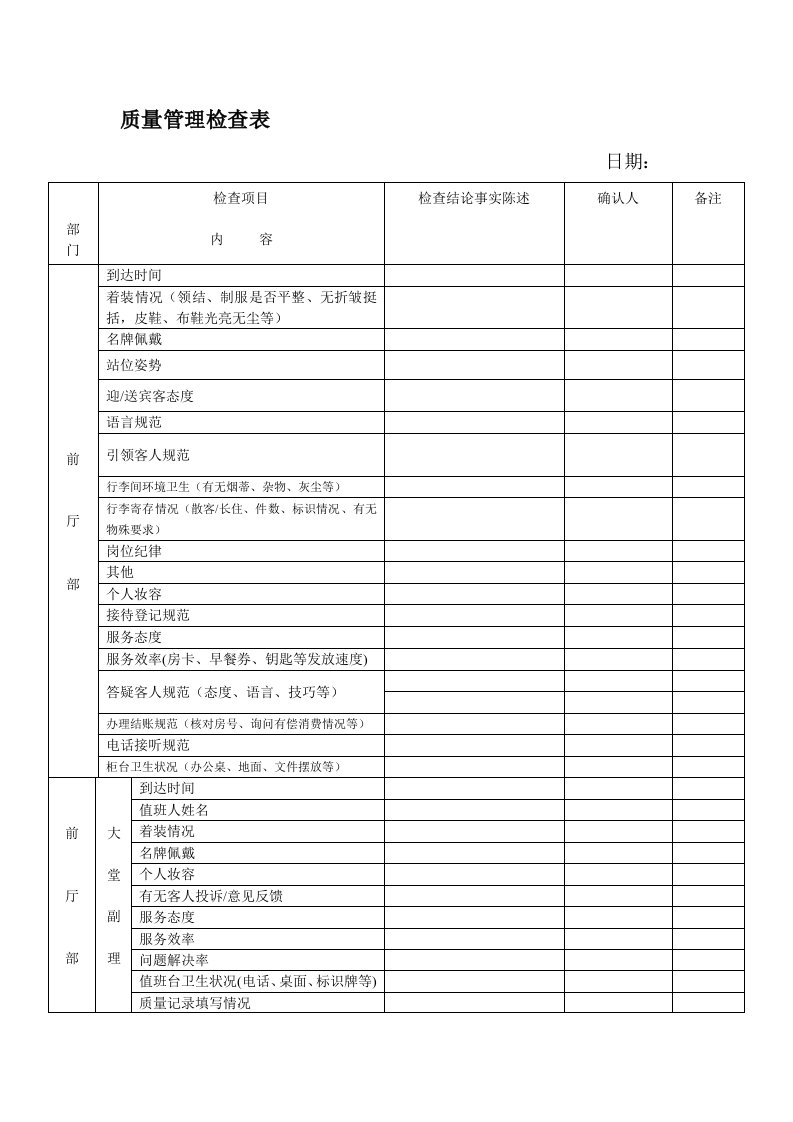 酒店质检表格