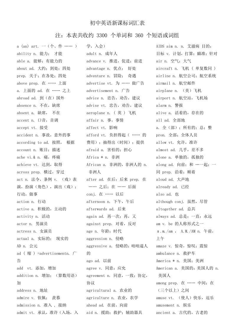 初中英语新课标词汇表打印稿【自整版】