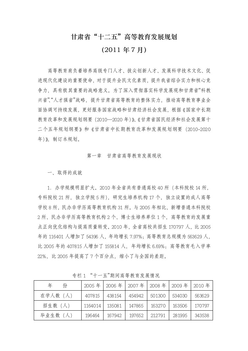 甘肃省十二五高等教发展规划