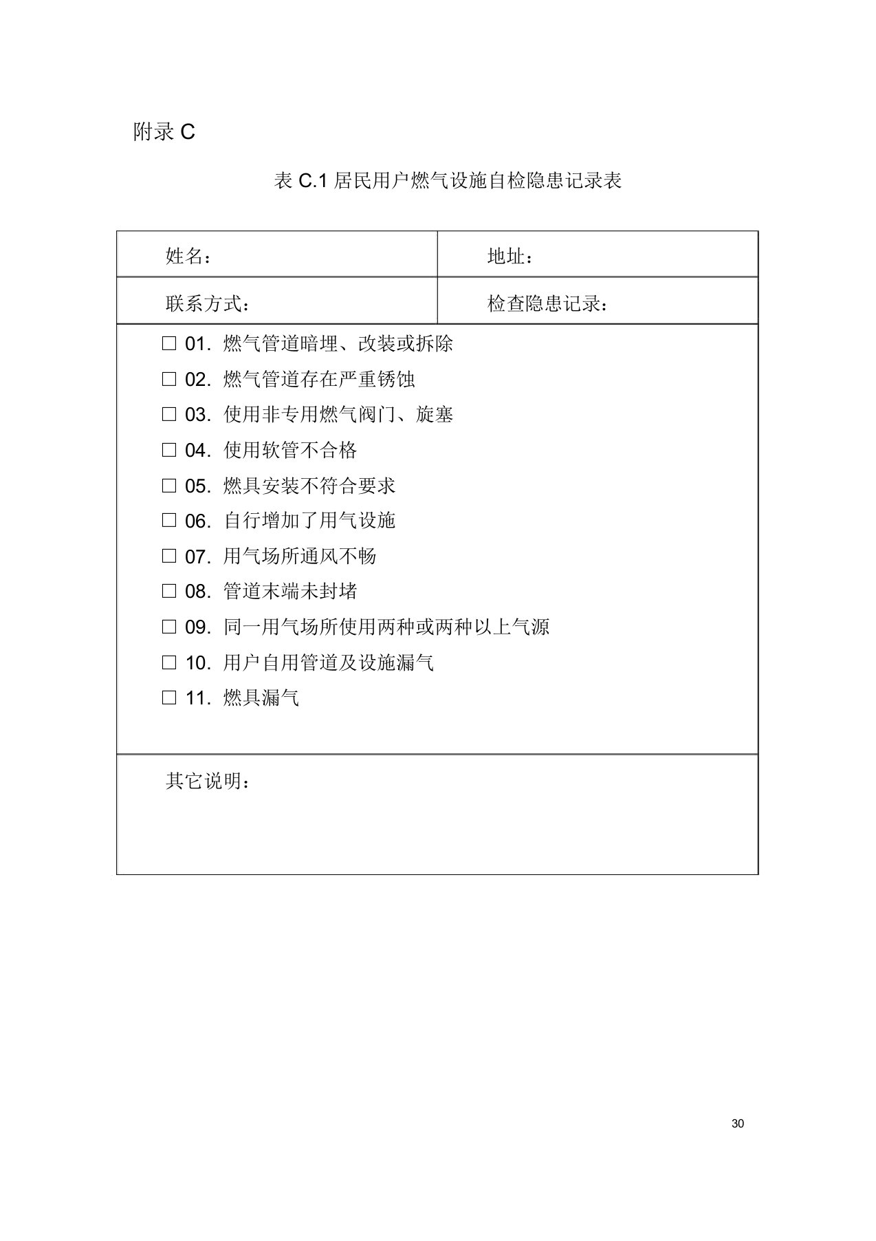 城镇燃气用户设施安全自检隐患记录表