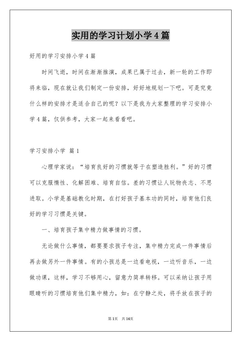 实用的学习计划小学4篇例文