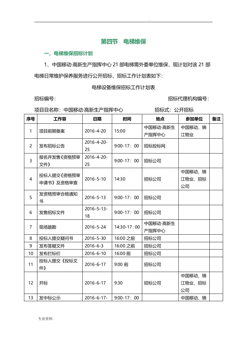 电梯维保招投标方案