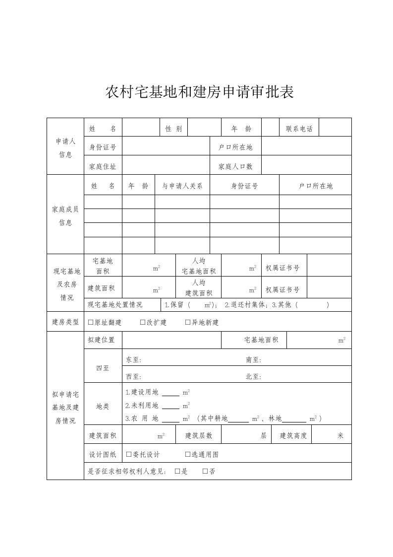 农村宅基地和建房申请审批表