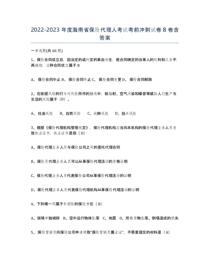 2022-2023年度海南省保险代理人考试考前冲刺试卷B卷含答案