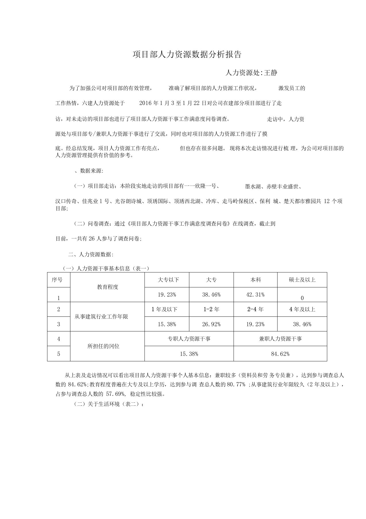 项目部人力资源数据分析报告