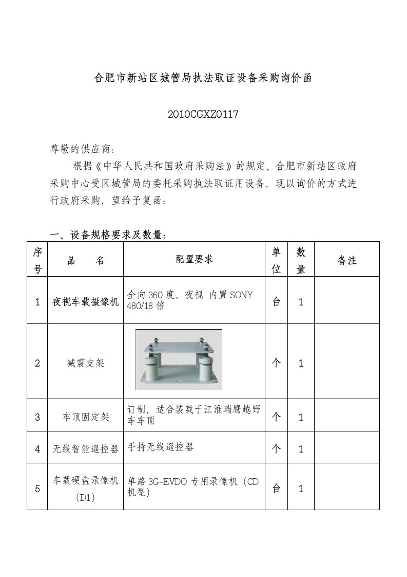 合肥市新站区城管局执法取证设备采购询价函