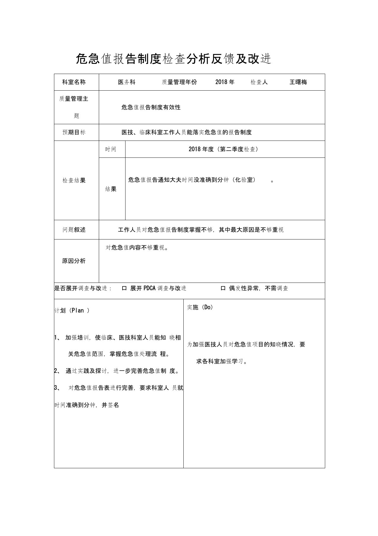 危急值报告制度检查分析反馈及改进(2)