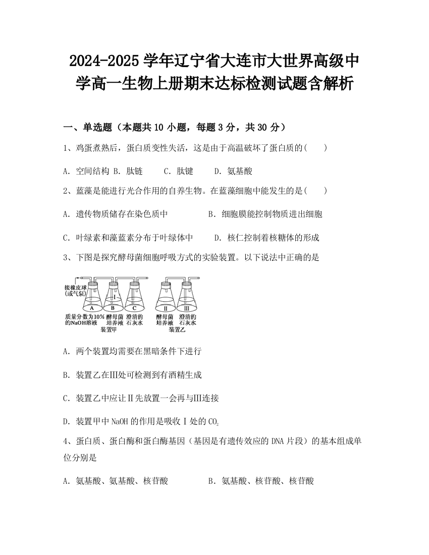 2024-2025学年辽宁省大连市大世界高级中学高一生物上册期末达标检测试题含解析