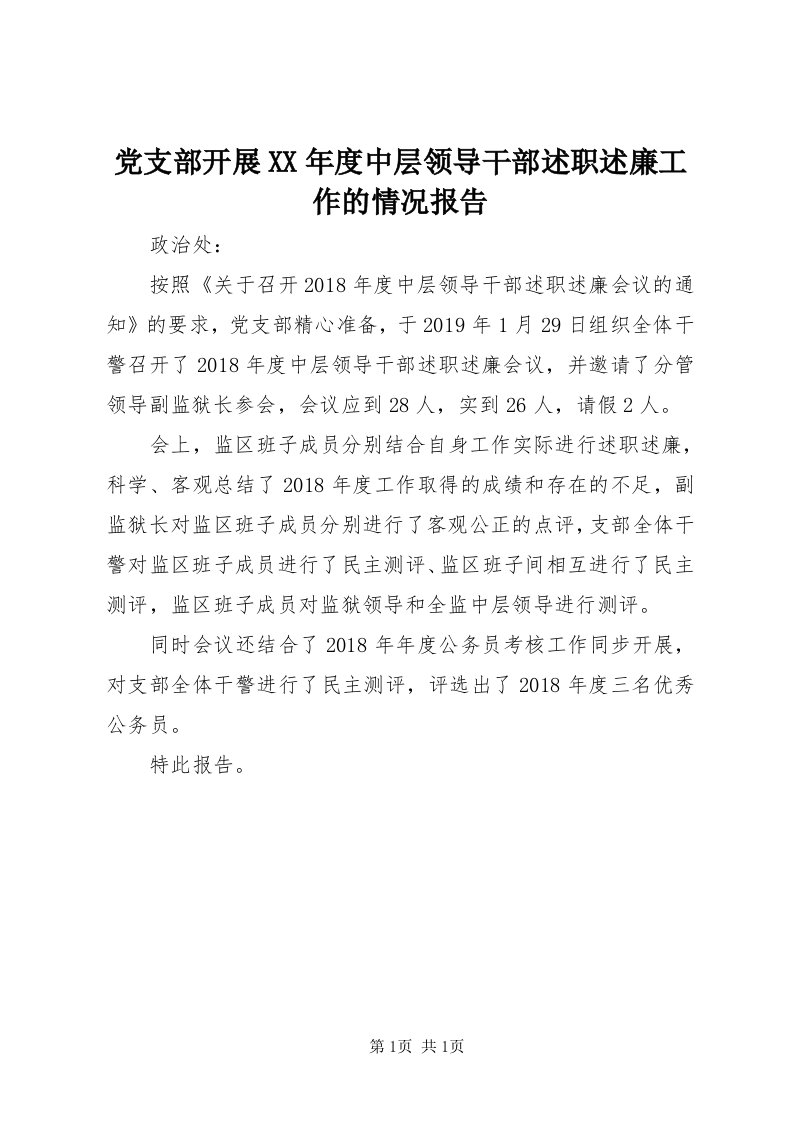 党支部开展某年度中层领导干部述职述廉工作的情况报告