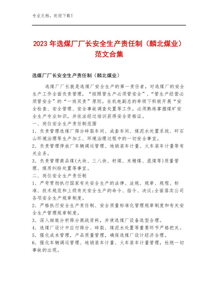 2023年选煤厂厂长安全生产责任制（麟北煤业）范文合集