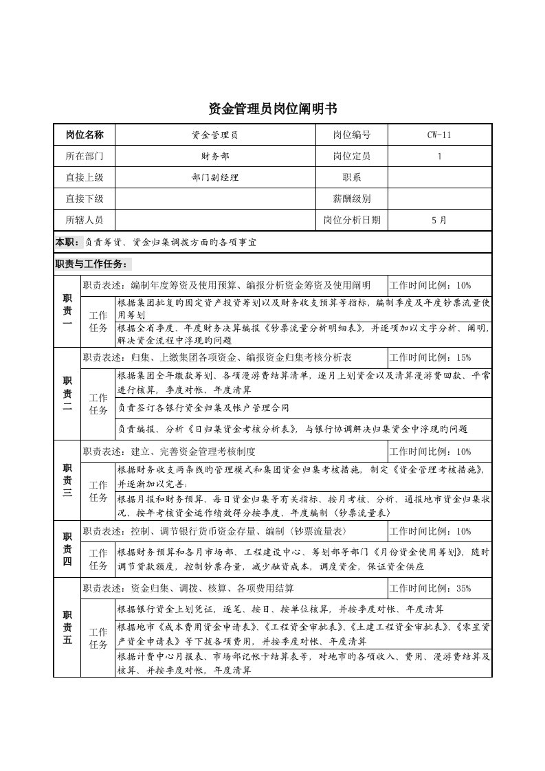 通信行业财务部资金管理员岗位专项说明书