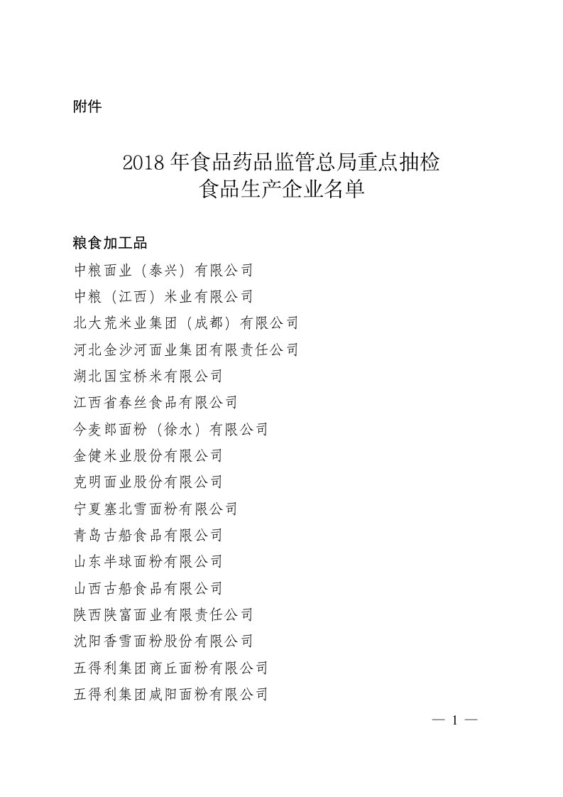 2018年食品药品监管总局重点抽检食品生产企业名单