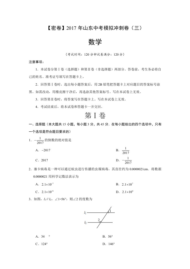 中考数学模拟冲刺卷(山东卷考试版)