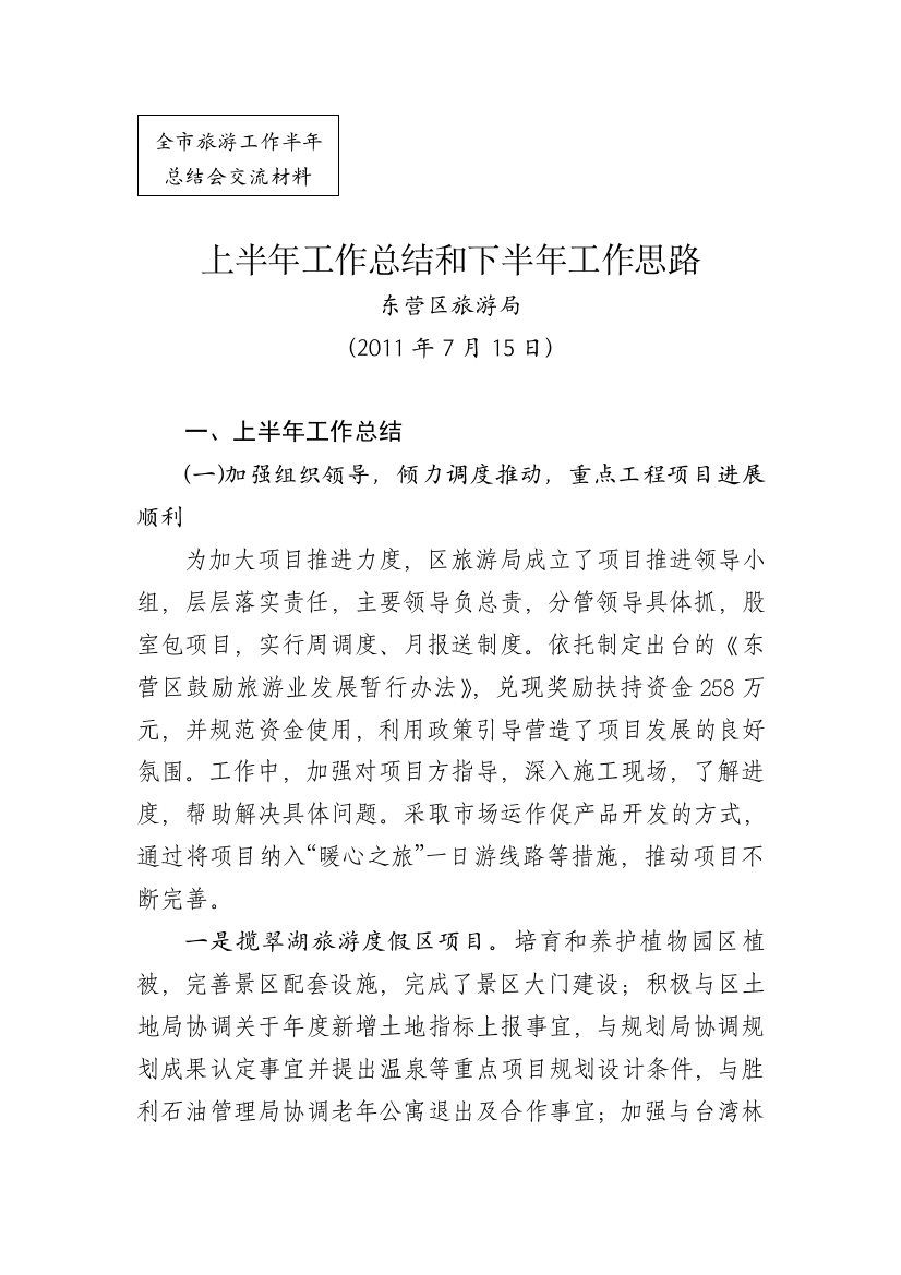 上半年工作总结及下半年工作思路全市旅游工作半年总结会交流材料