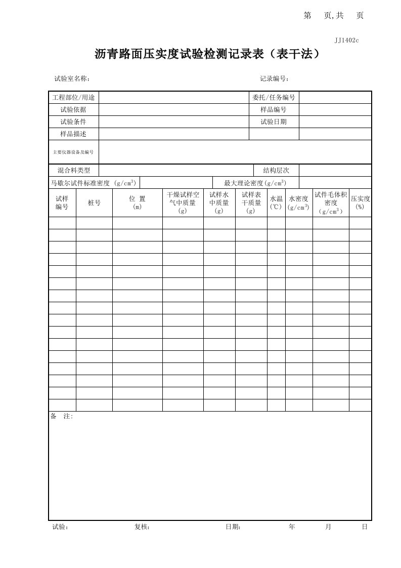 JJ1402c沥青路面压实度试验检测记录表(表干法)