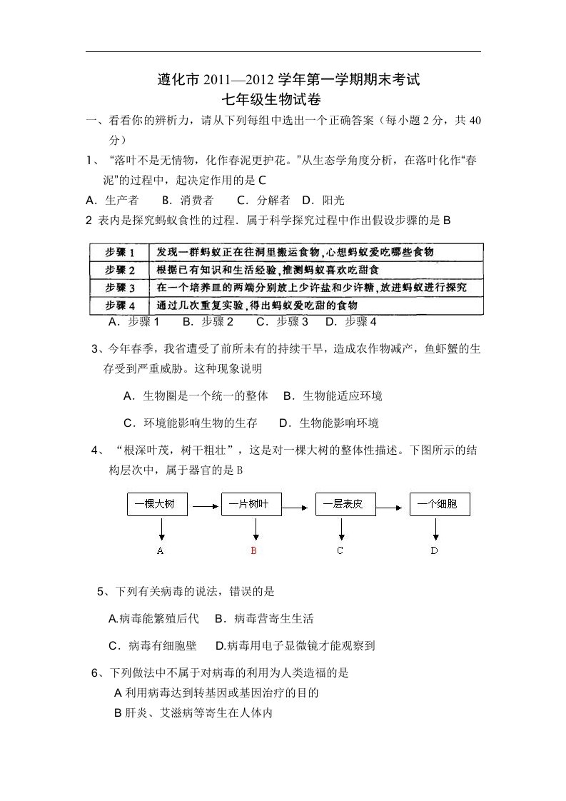 人教版2011--2012第一学期期末七年级生物试题（含答案）