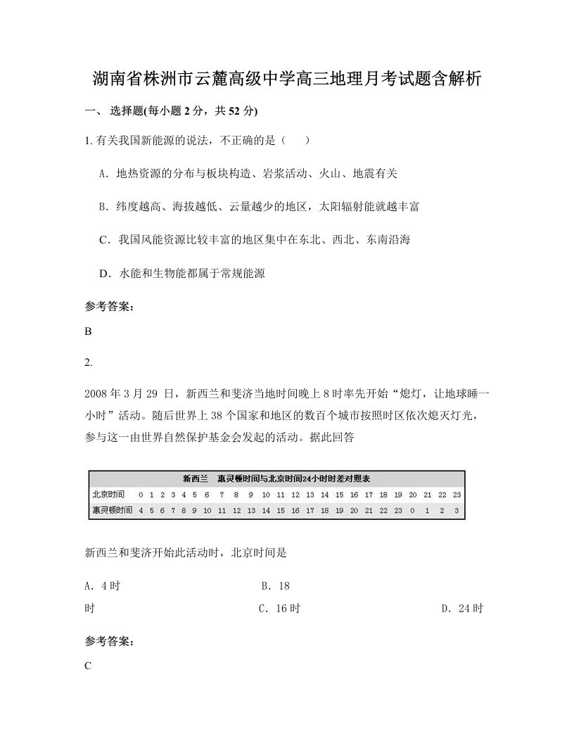 湖南省株洲市云麓高级中学高三地理月考试题含解析