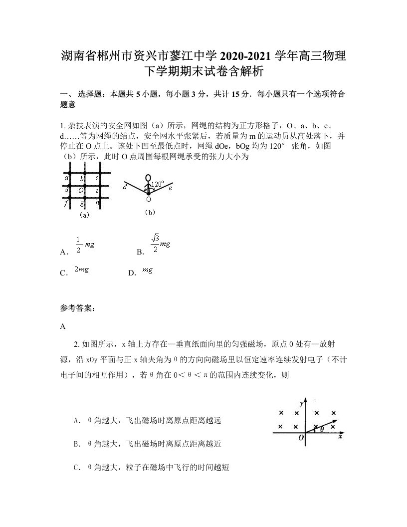 湖南省郴州市资兴市蓼江中学2020-2021学年高三物理下学期期末试卷含解析