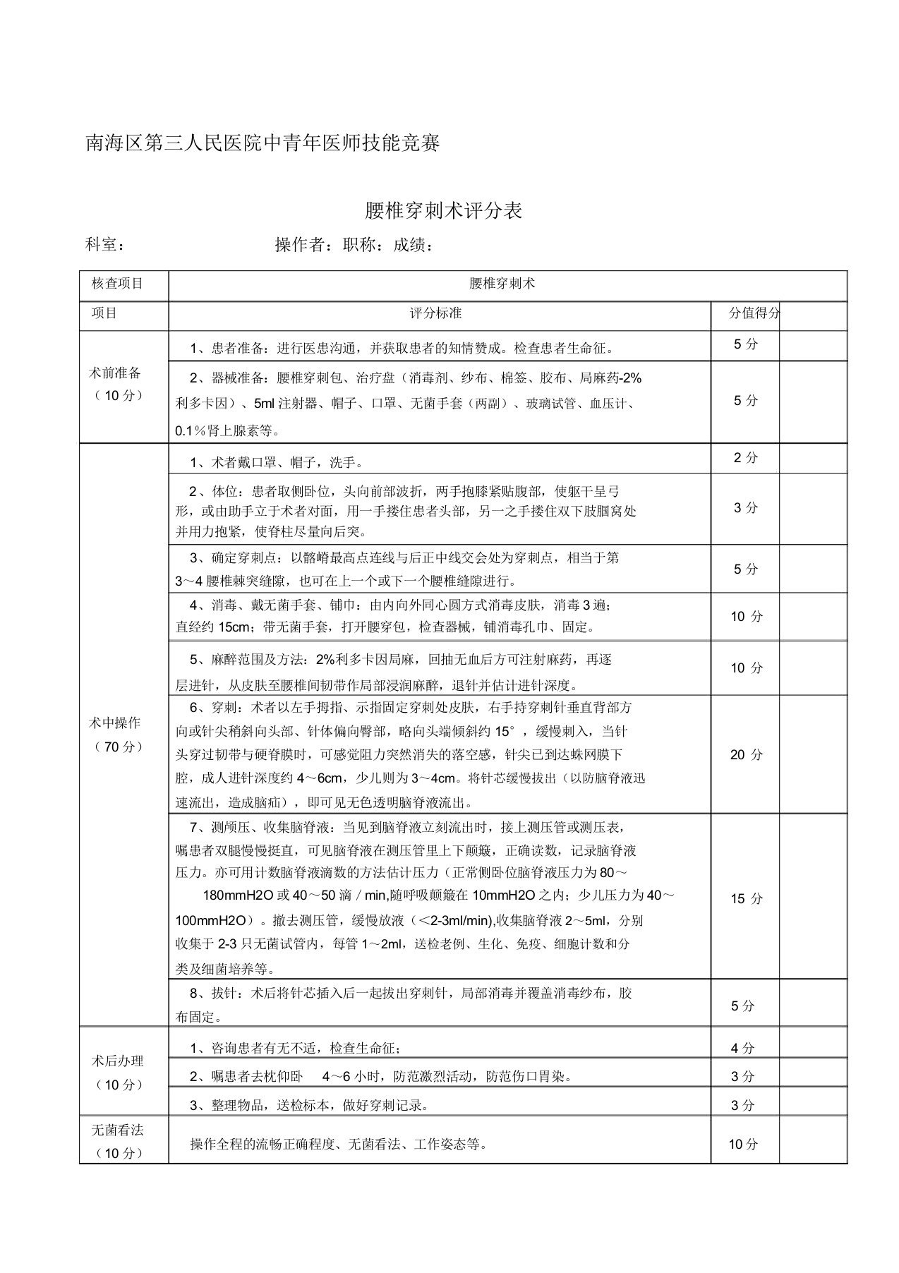 腰椎穿刺术考核评分标准