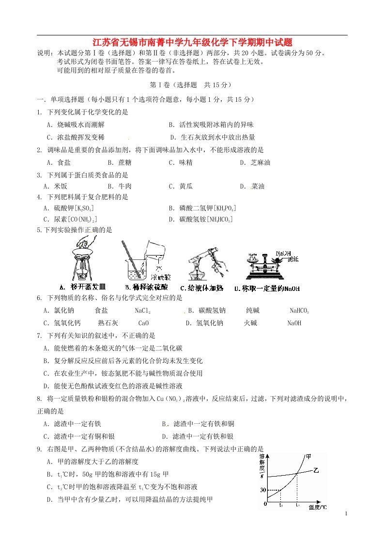 江苏省无锡市南菁中学九级化学下学期期中试题