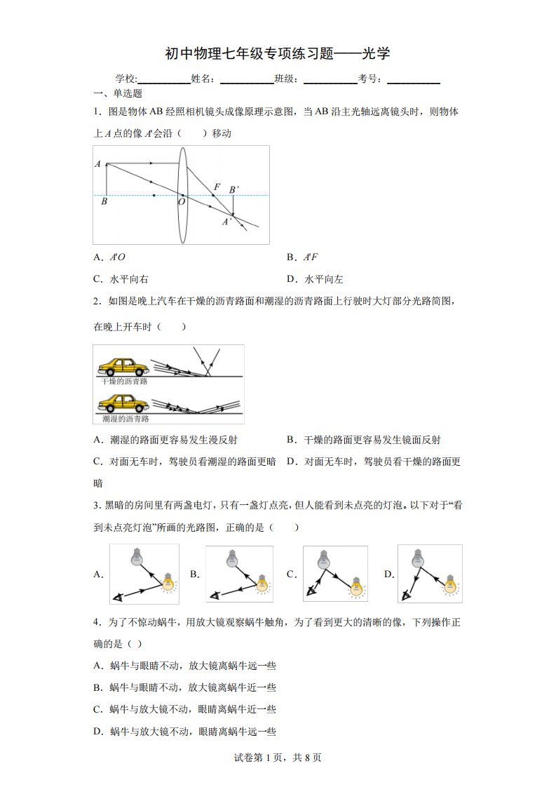 初中物理七年级专项练习题——光学(附答案)