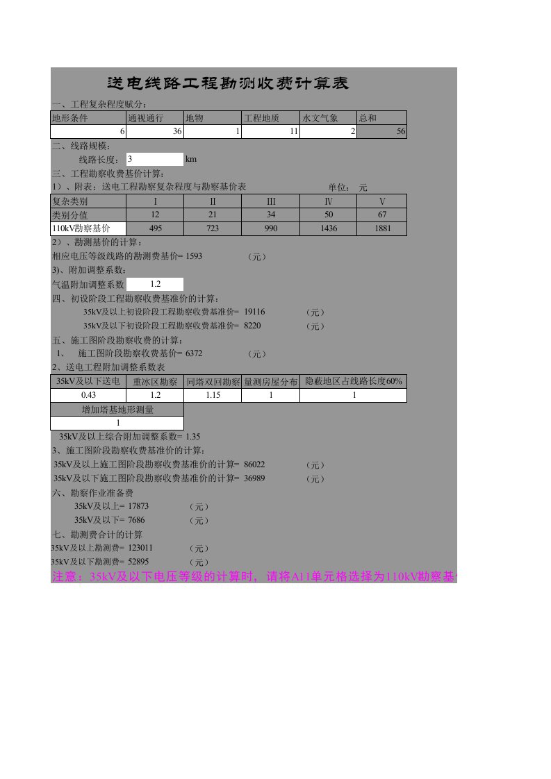 输变电工程勘测设计费计算表单