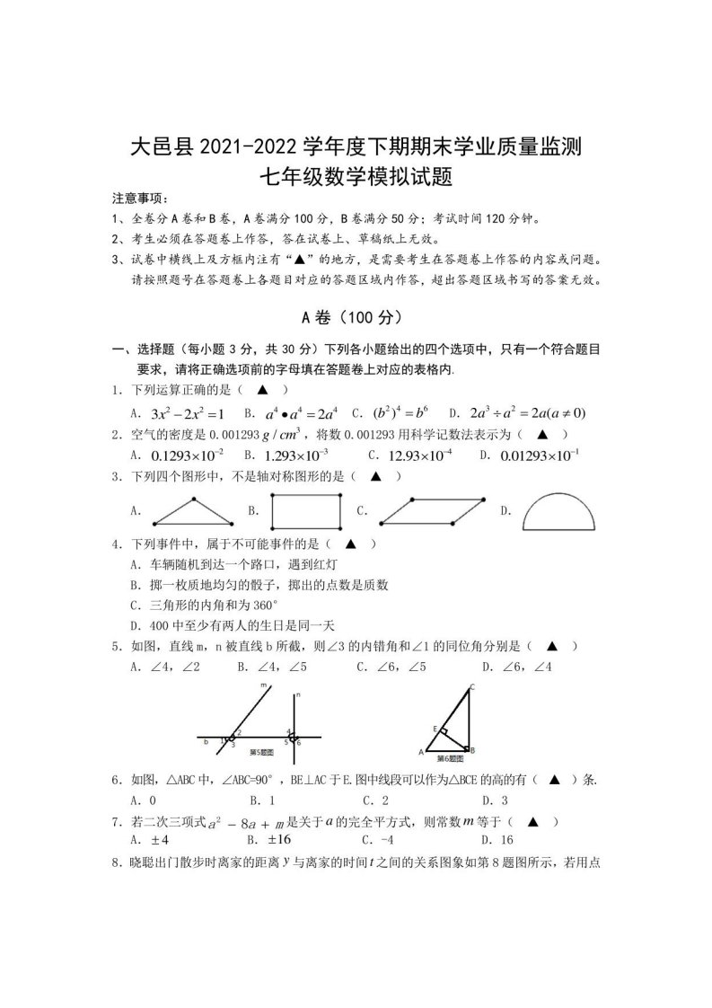 2022年四川成都大邑七年级下册期末数学模拟试题及答案