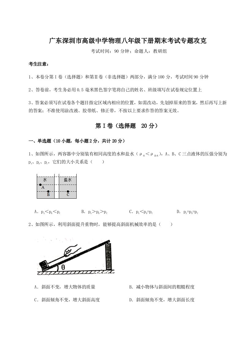 专题对点练习广东深圳市高级中学物理八年级下册期末考试专题攻克试卷（含答案详解版）