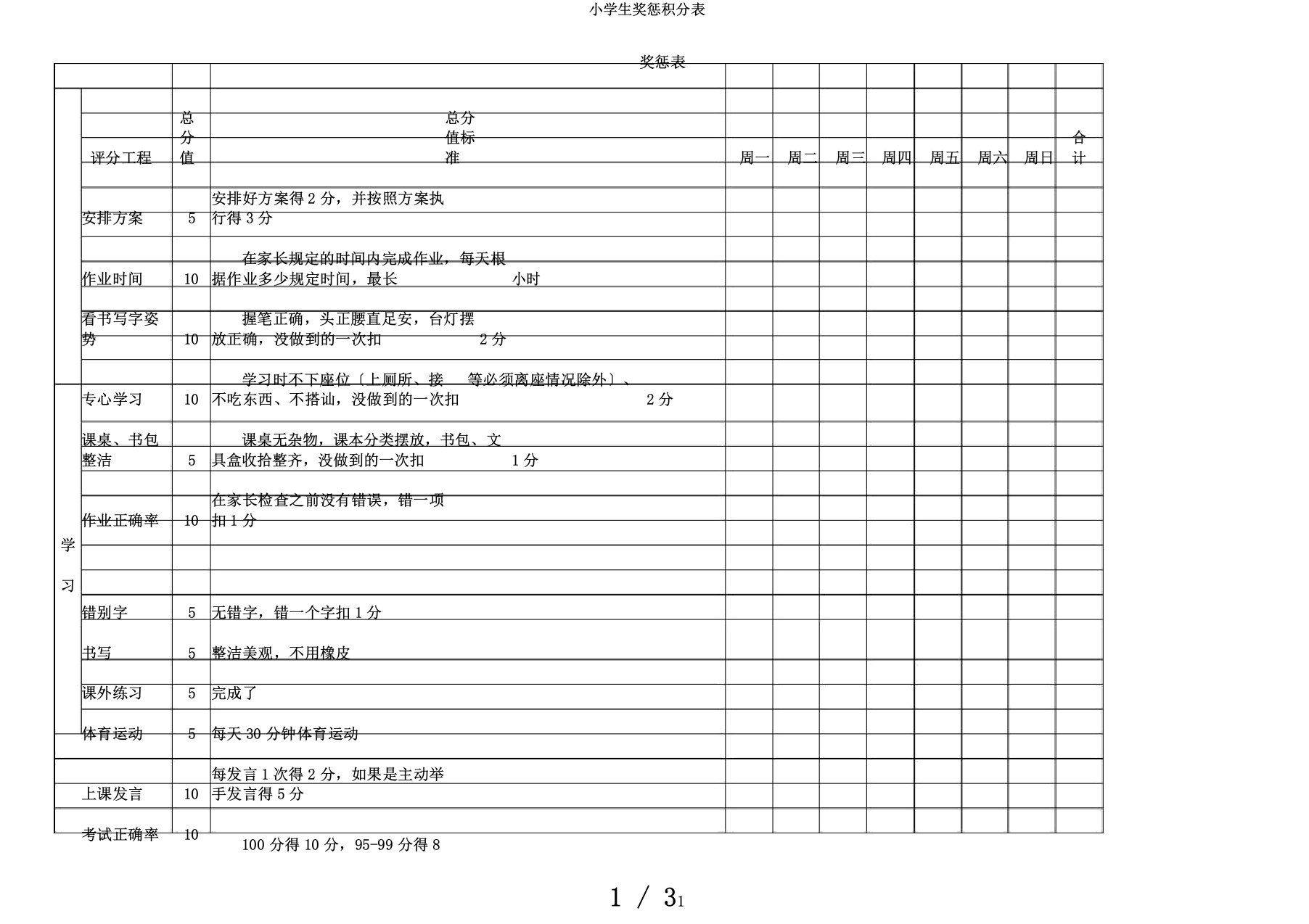 小学生奖惩积分表