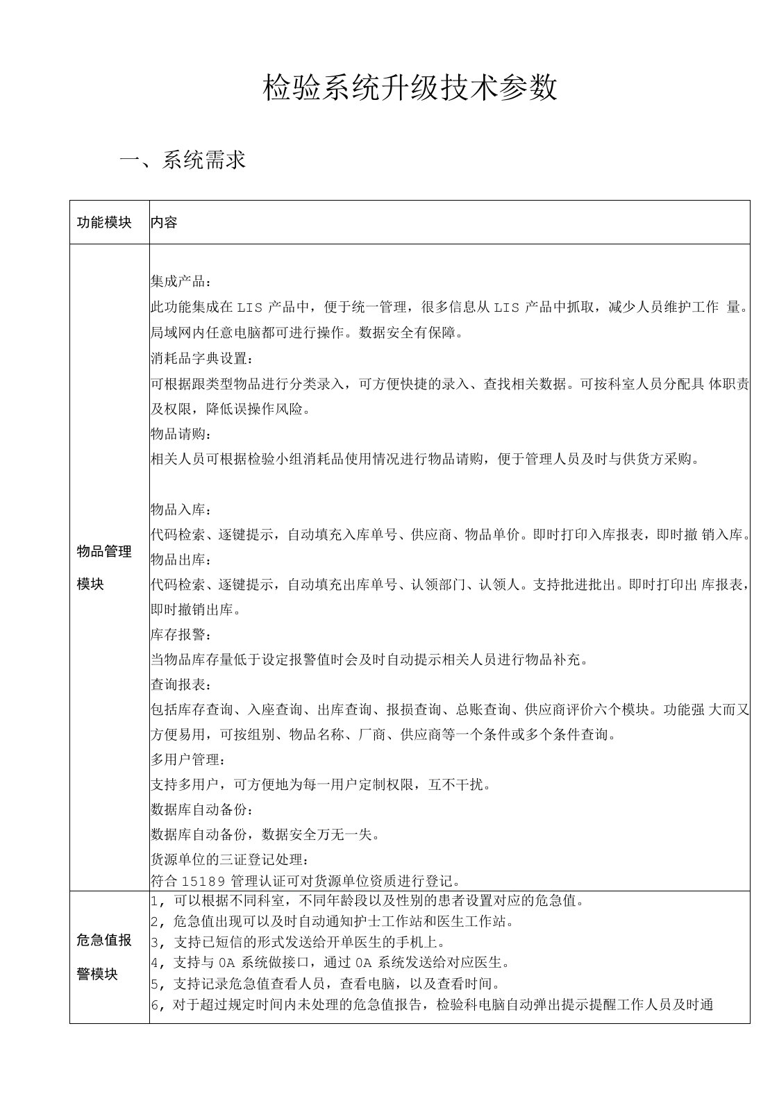 检验系统升级技术参数