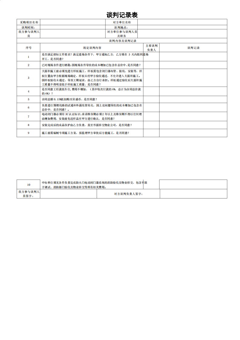 谈判记录表模板