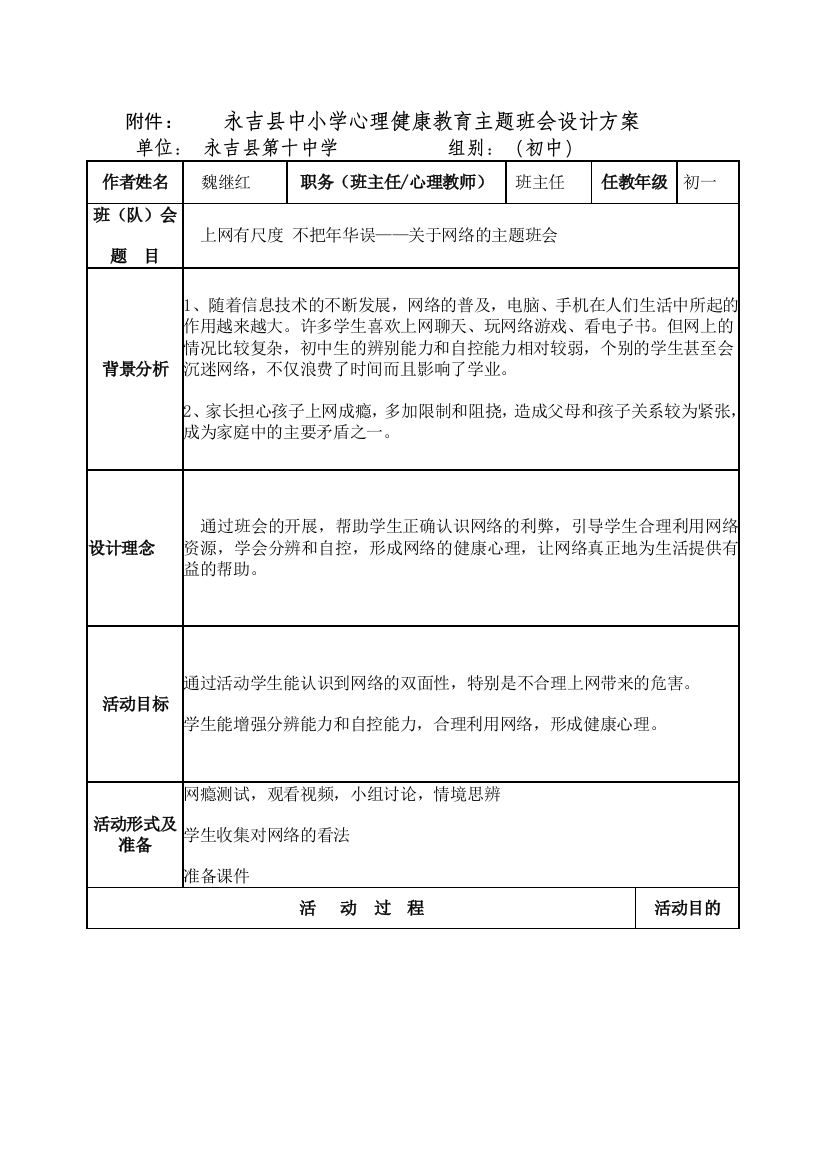 魏继红主题班会实施方案