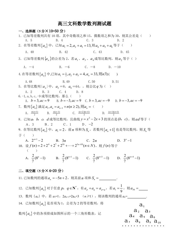 高三文科数学数列测试题(有答案)