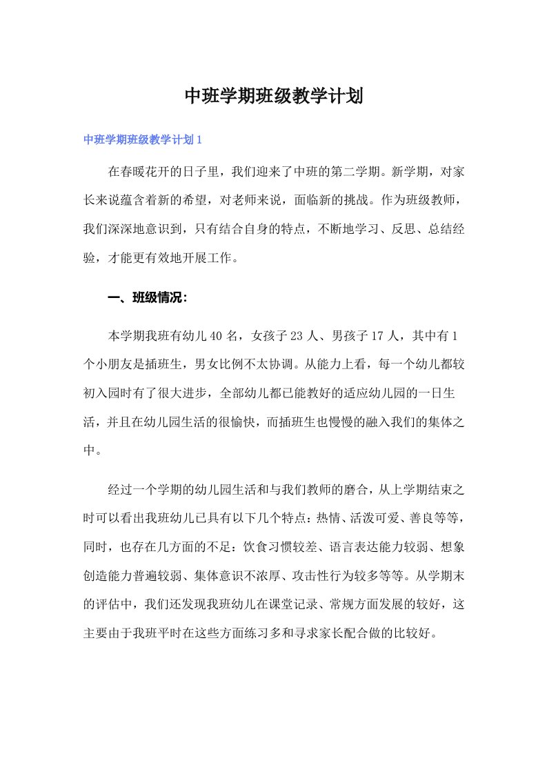 中班学期班级教学计划