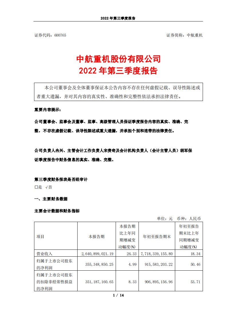 上交所-中航重机2022年第三季度报告-20221030