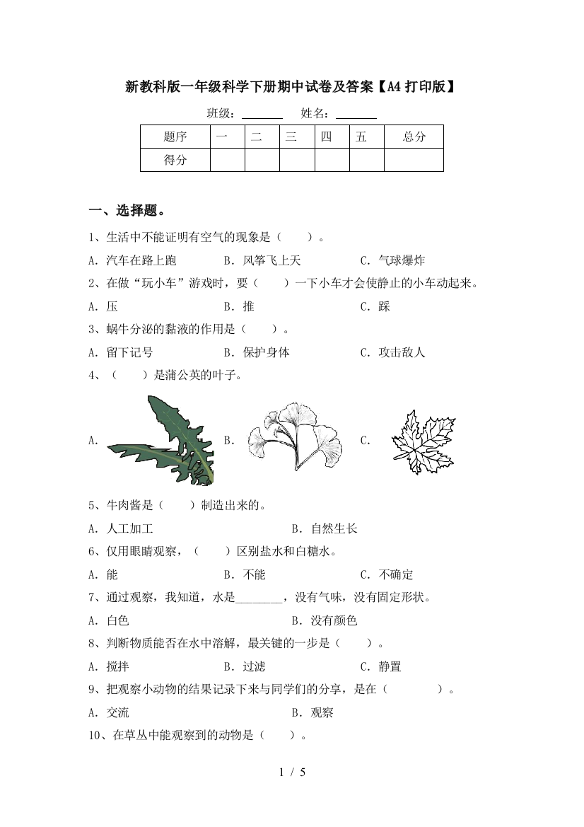 新教科版一年级科学下册期中试卷及答案【A4打印版】