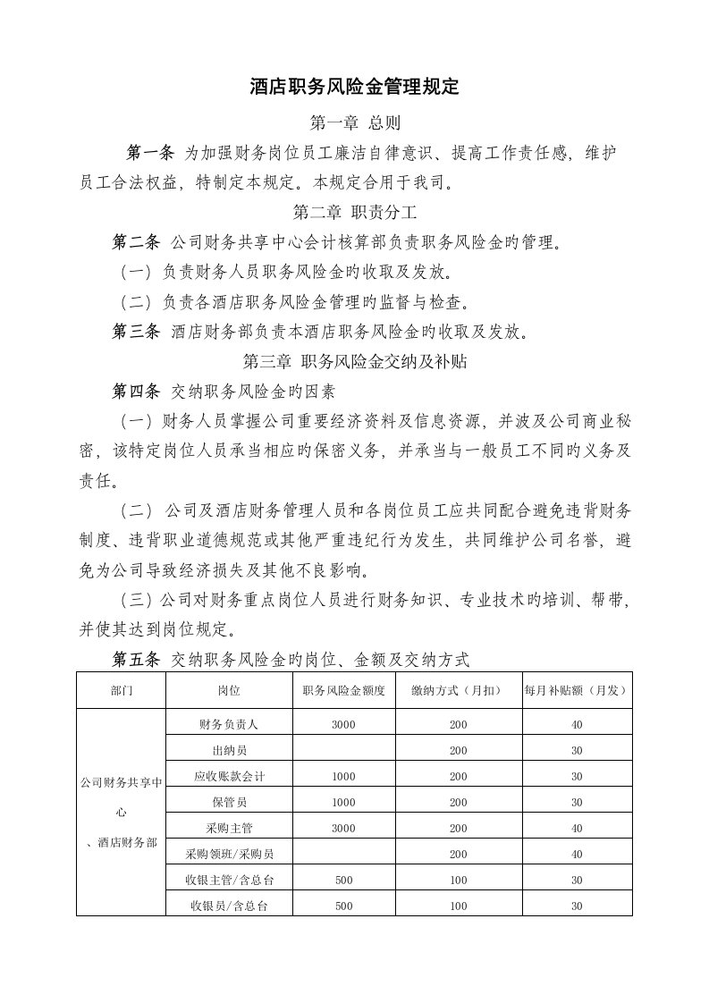 酒店职务风险金管理规定