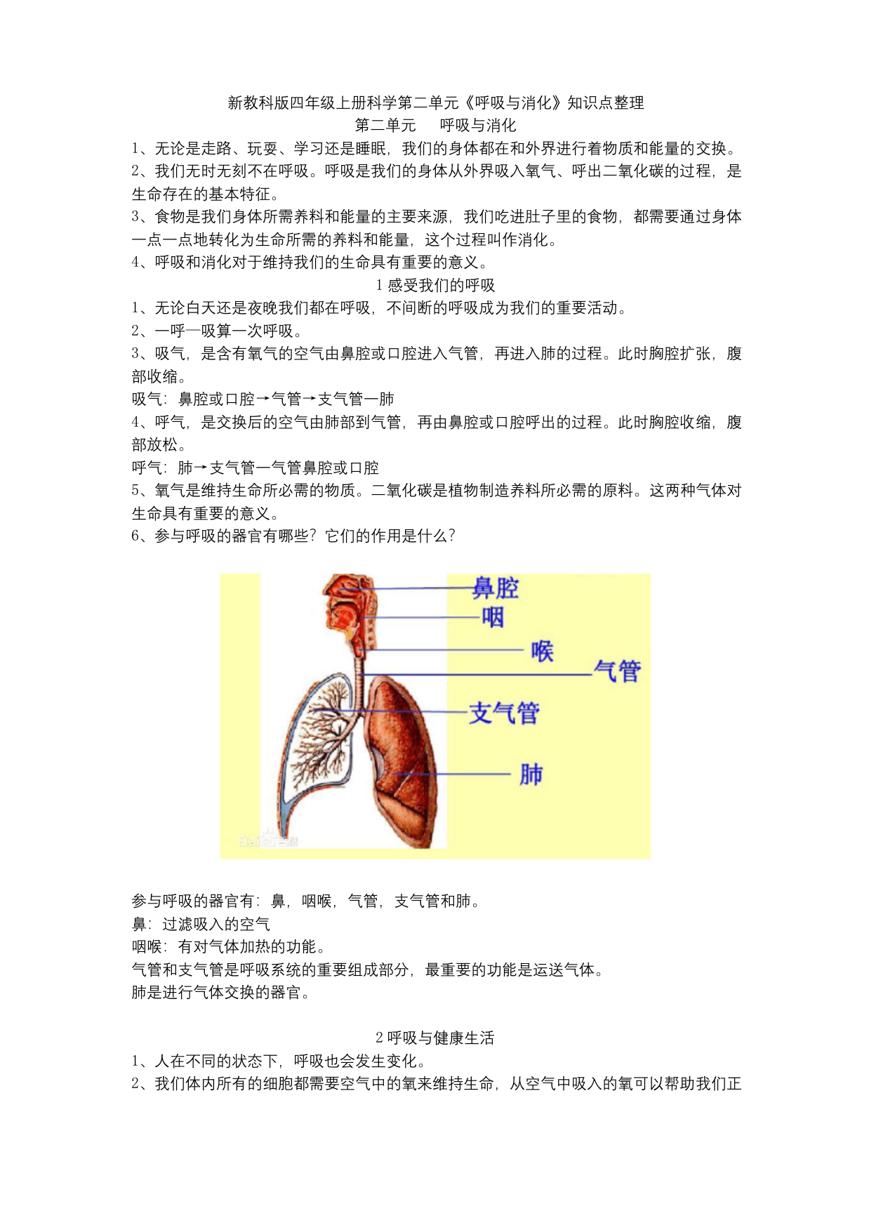 新教科版四年级上册科学第二单元呼吸与消化知识点整理1