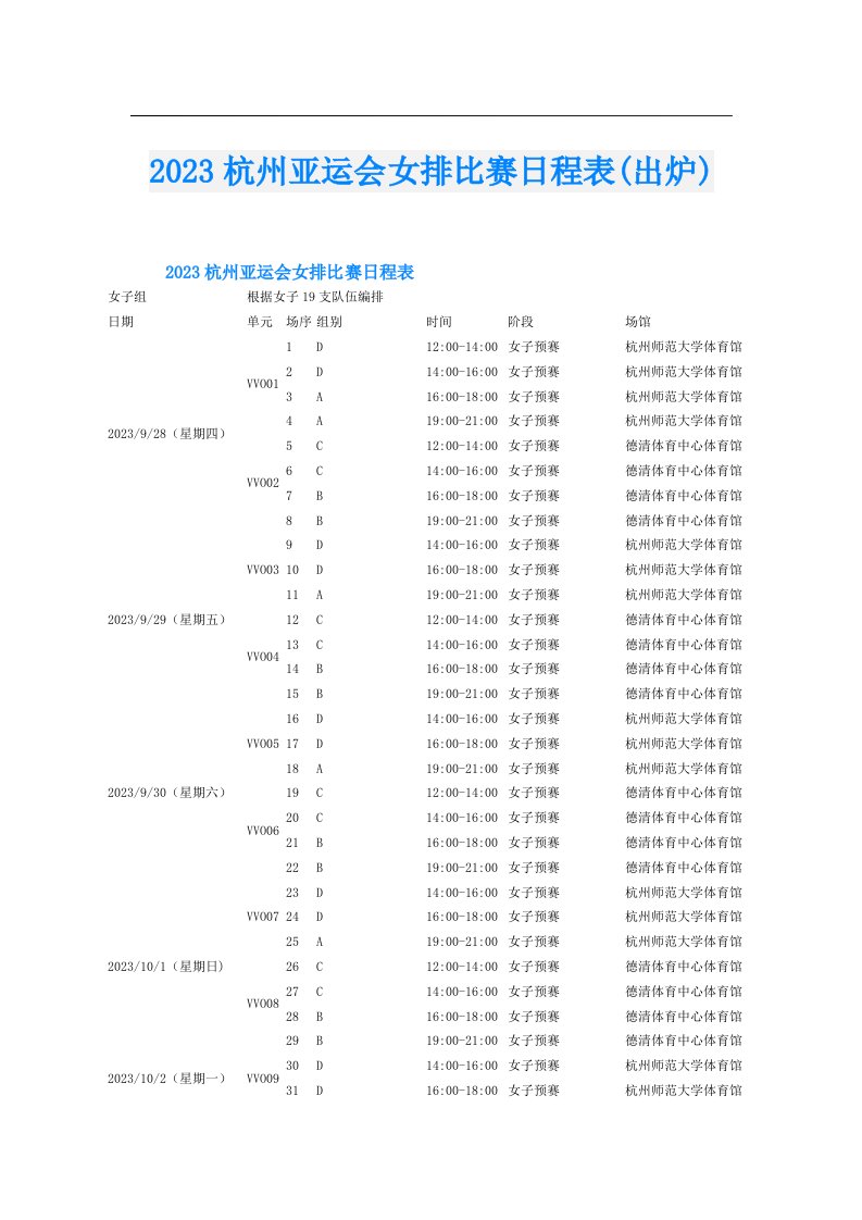 杭州亚运会女排比赛日程表(出炉)