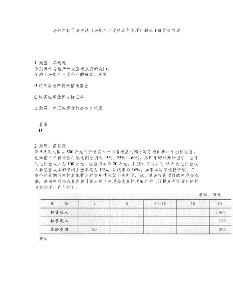 房地产估价师考试房地产开发经营与管理题库100题含答案测验431版