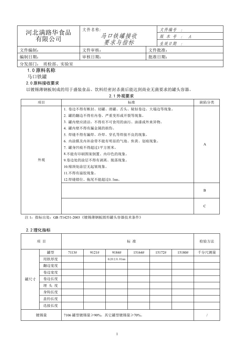 马口铁罐接收要求与指标