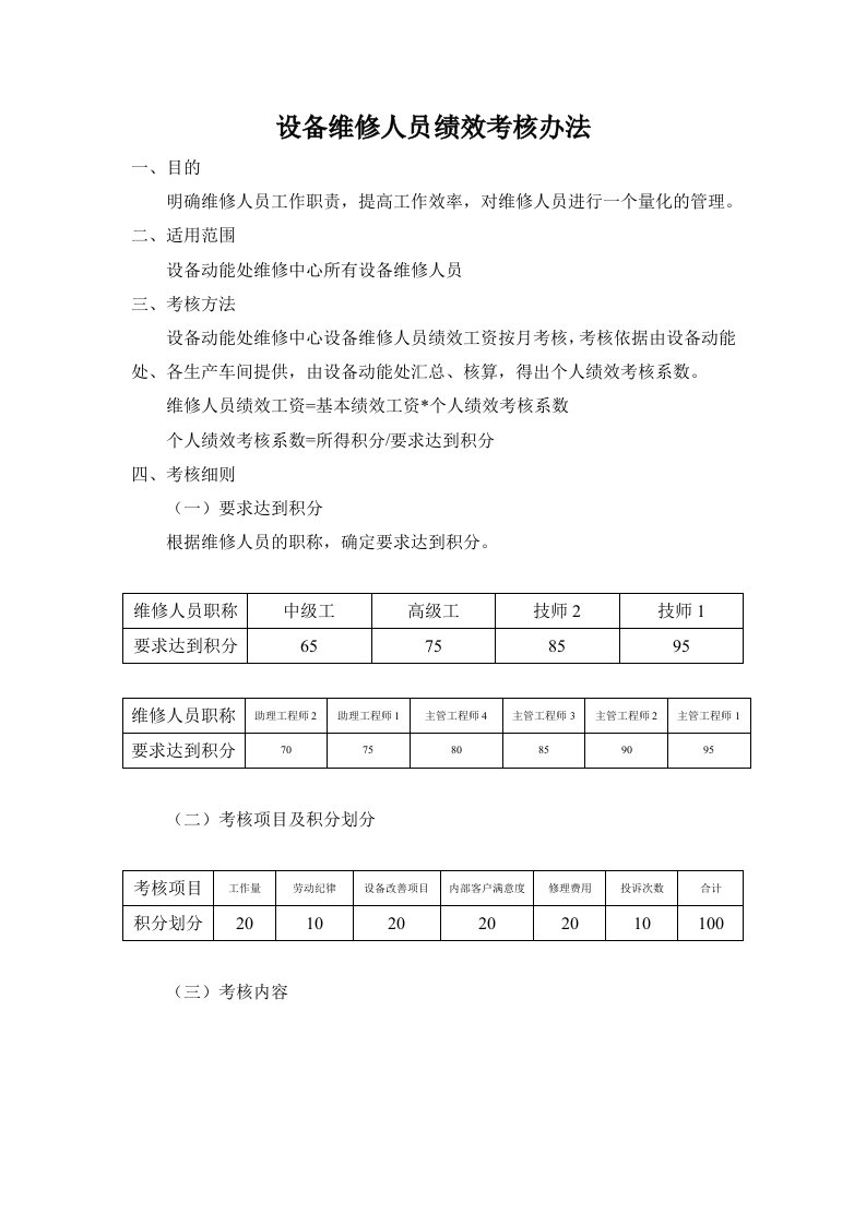 设备维修人员绩效考核办法