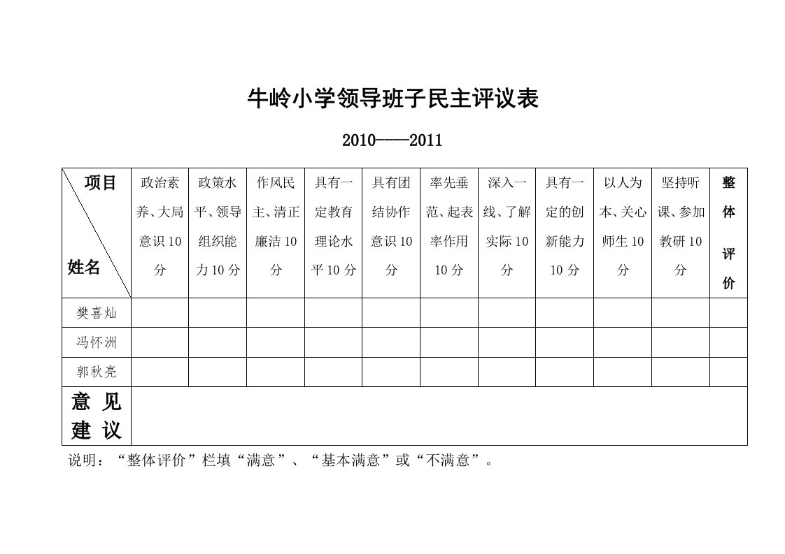 学校领导班子民主评议表