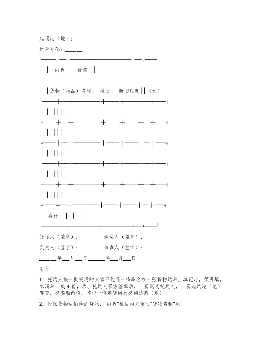 托运物品清单