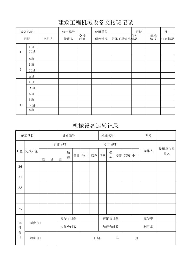 建筑工程机械设备交接班记录